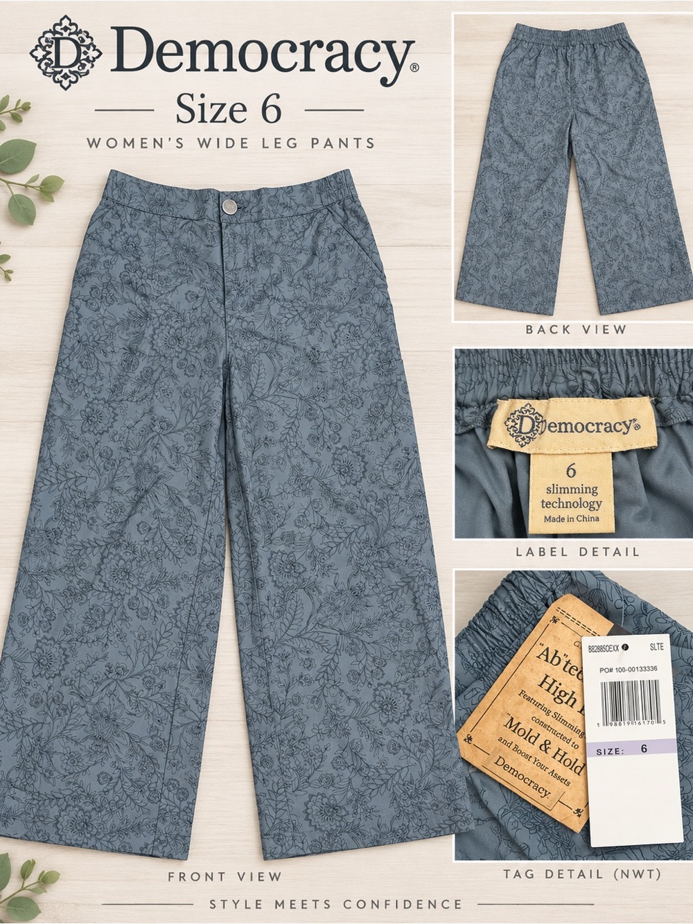 Democracy Women’s Floral Wide Leg Pants Size 6 NWT Blue Gray High Rise